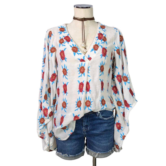 CAMILLE + Co Embroidered flare bohemian floral top shirt Small