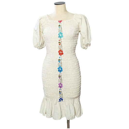 Vintage BOHO Embroidered Ruched Bodycon Smocked Dress  OS