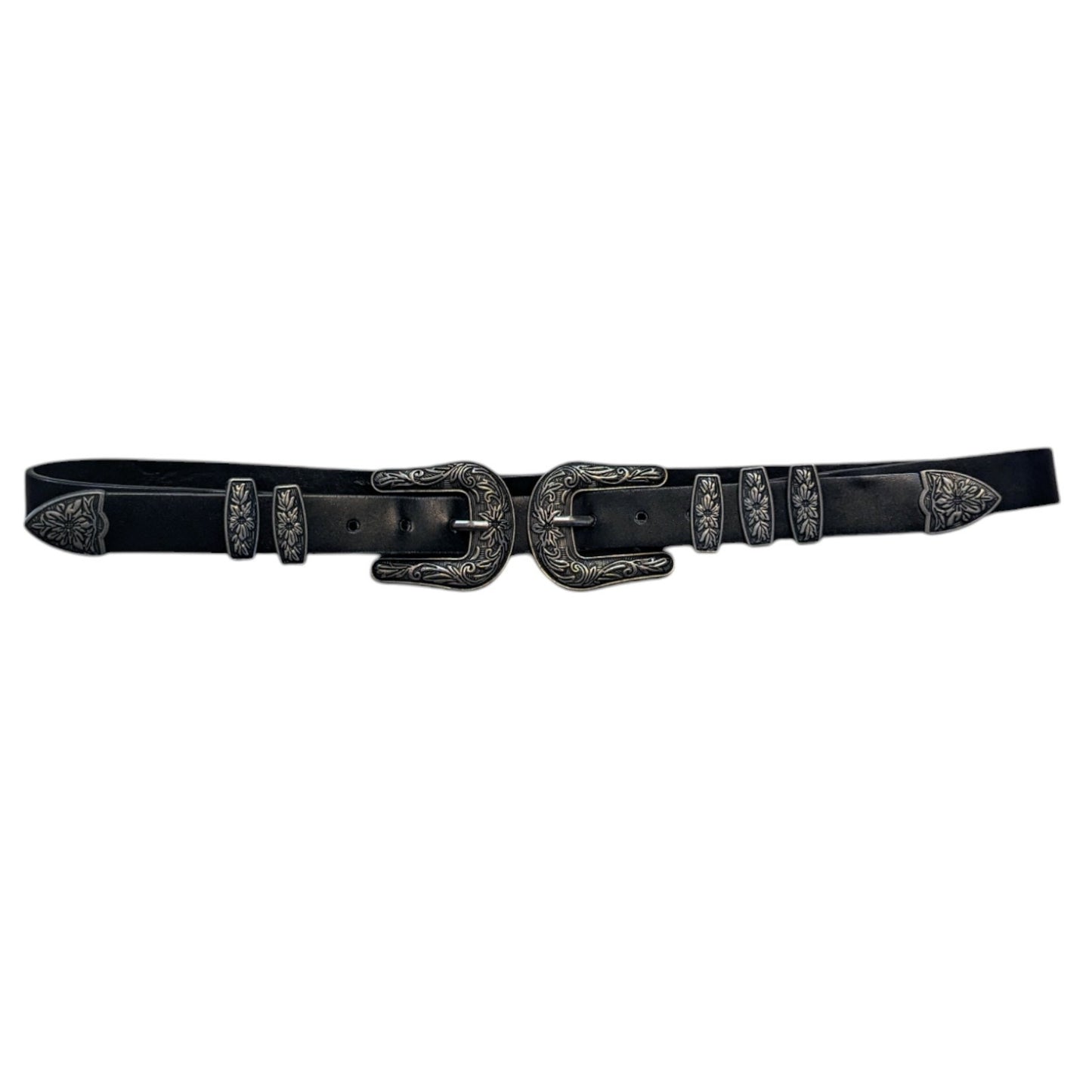 Retro Carved Silver Double Buckle Black Belt S/M Small Medium