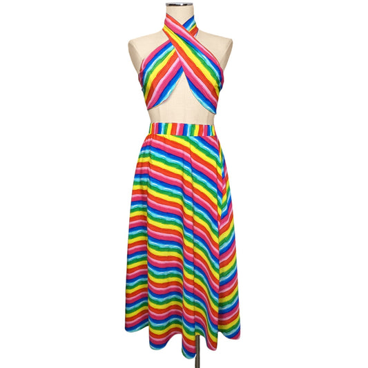 SHEIN CURVE Colorful rainbow stripe skirt and halter outfit set  L/XL 1X