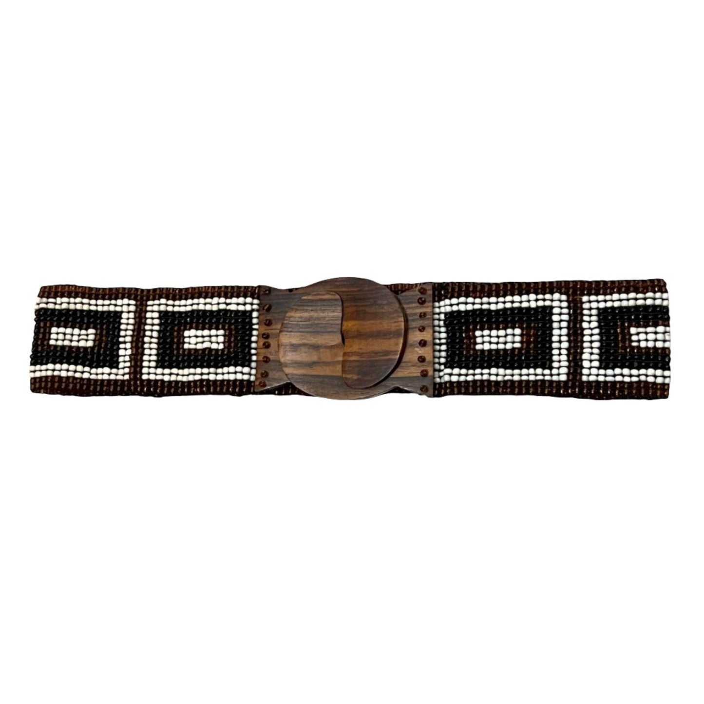 VINTAGE - Unique Belt - Wood Buckle And Beaded Geometric Design Stretchy ML