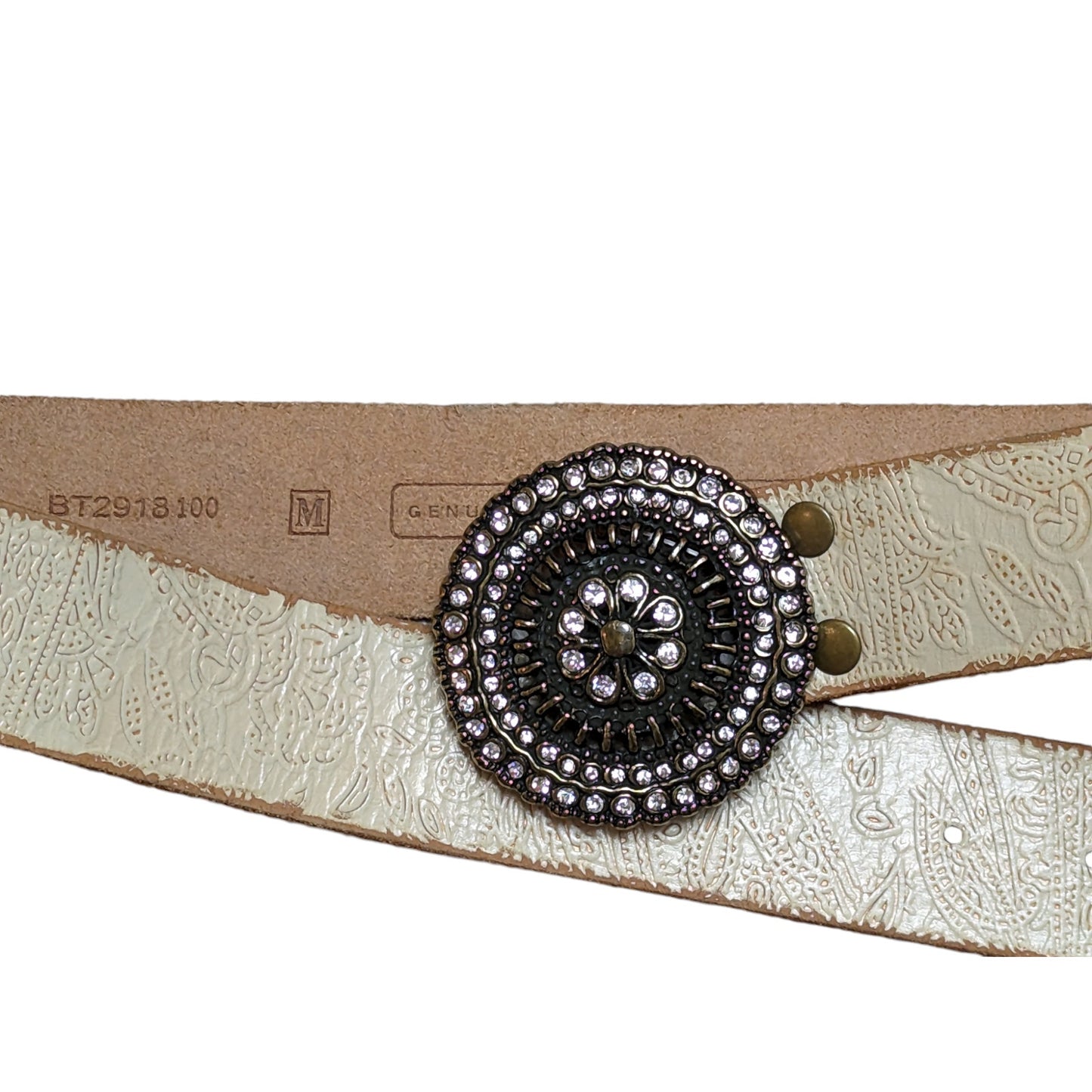 Vintage FOSSIL Rhinestone Medallion Distressed Leather Embossed Belt Medium M