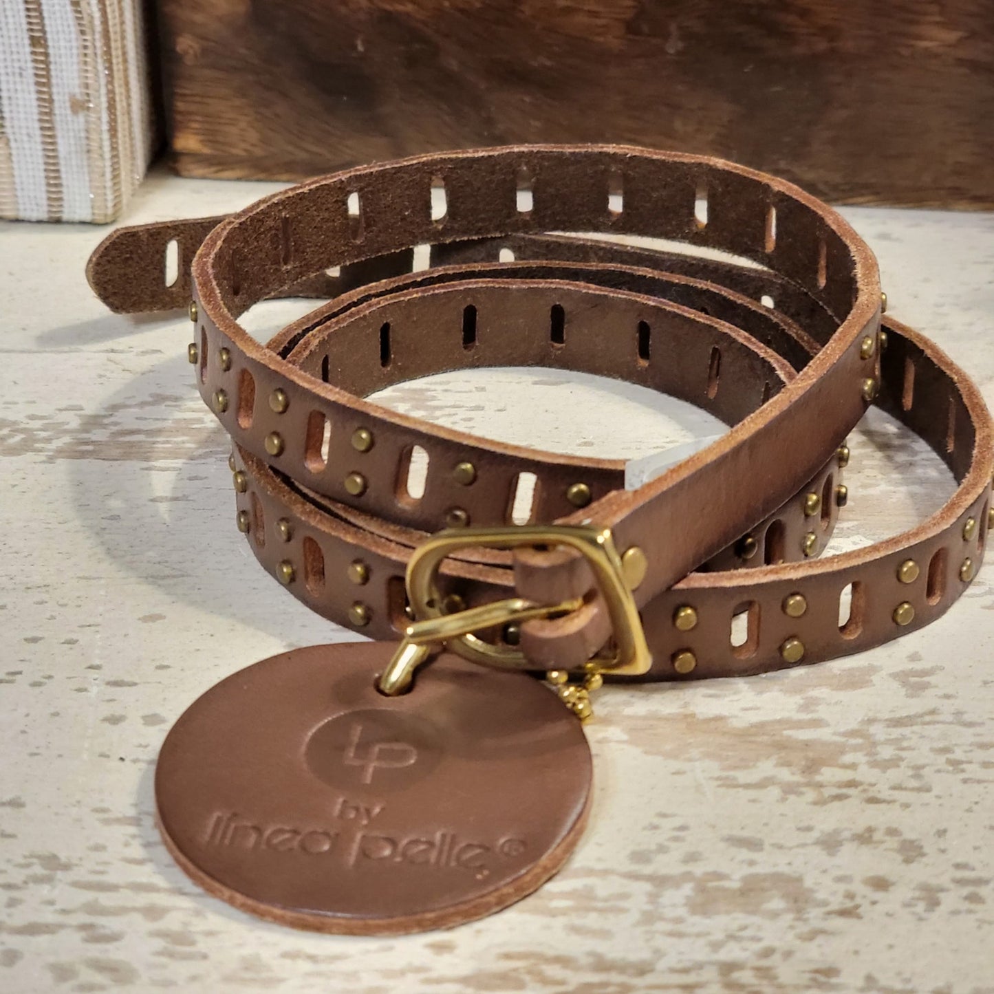 LINEA PELLE Brown Leather Thin Belt Large