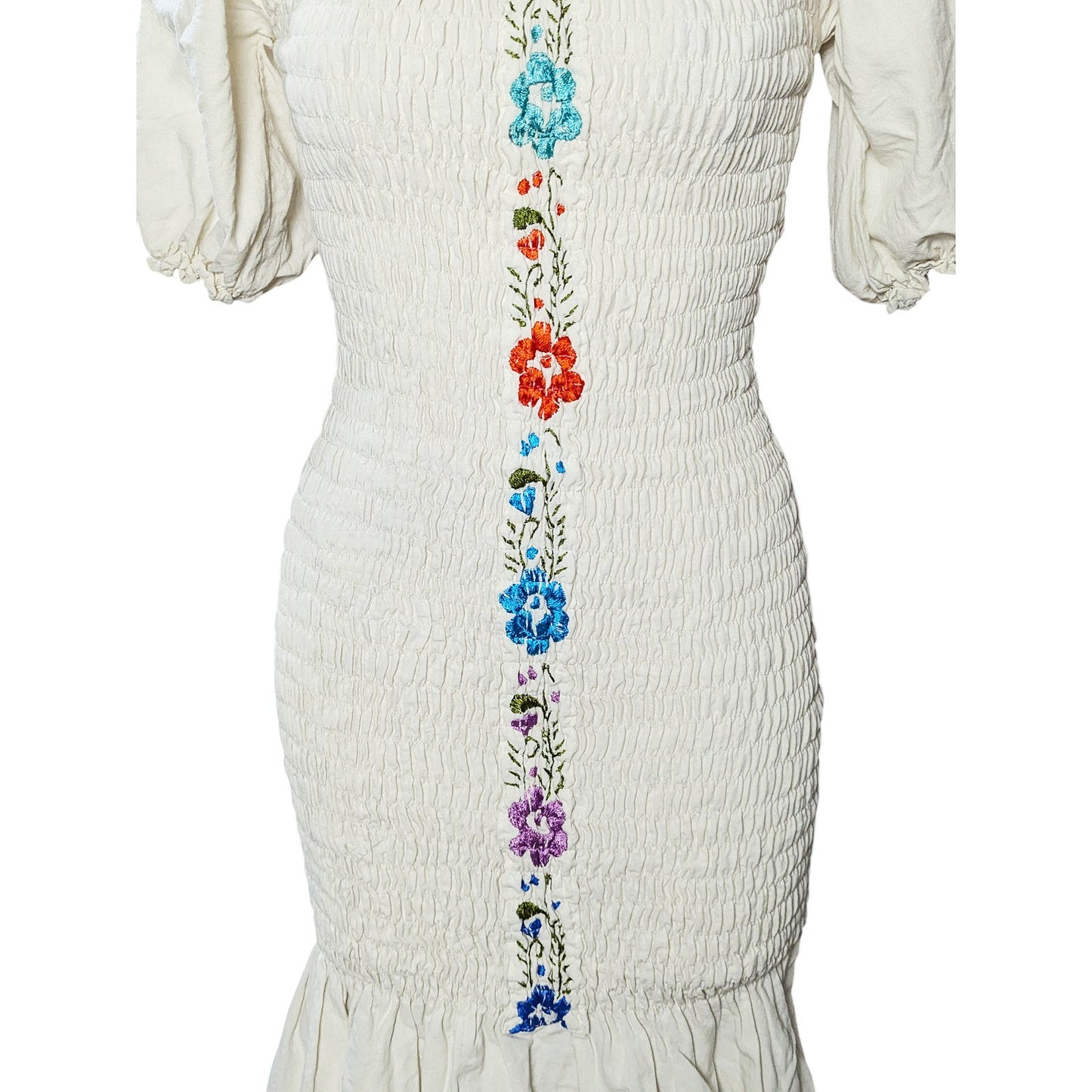 Vintage BOHO Embroidered Ruched Bodycon Smocked Dress  OS