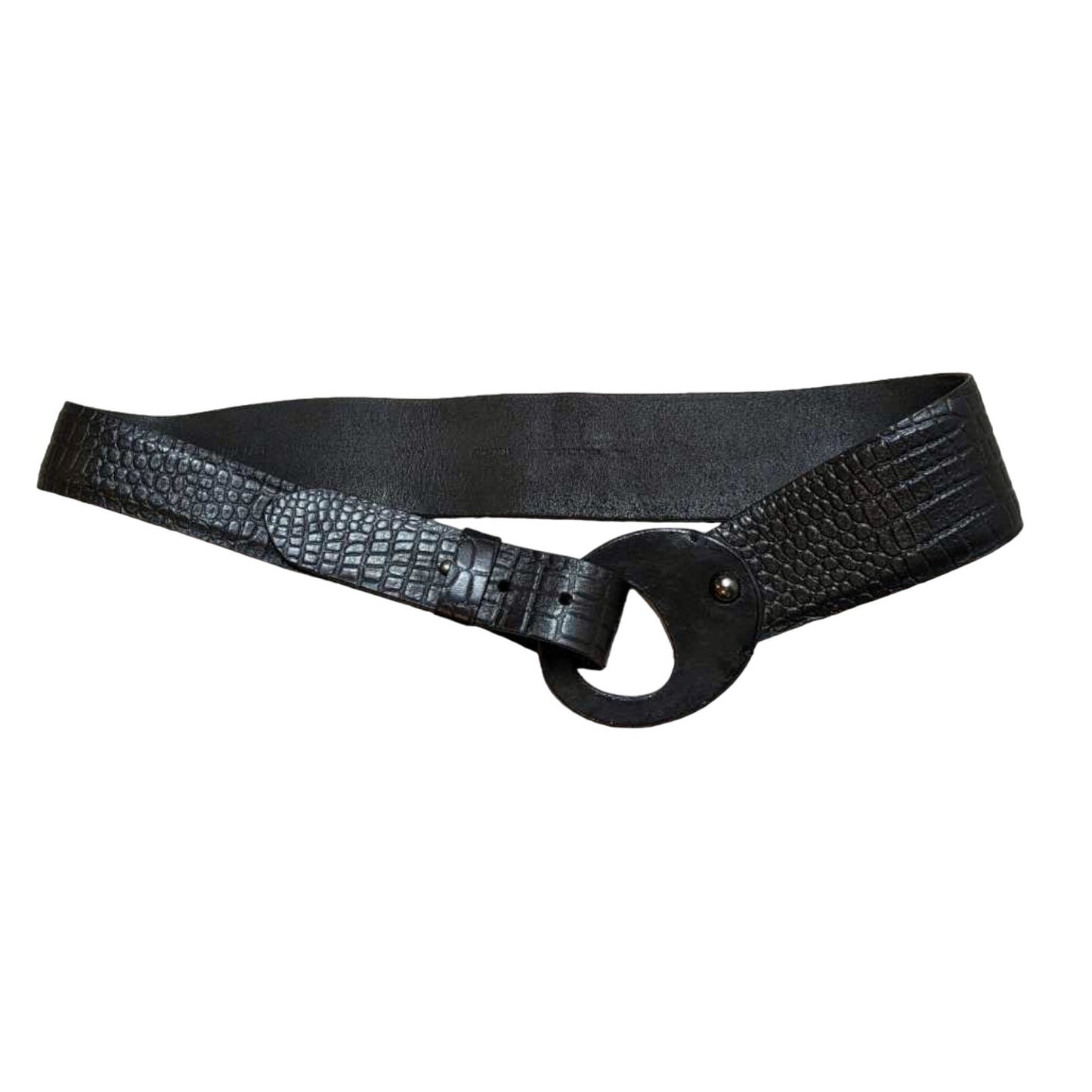 CHICO'S Black Leather Circle Hoop Croc Print Belt Small